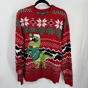 33 Degrees Sweater Mens Extra Large Red T-Rex Dinosaur Santa Ugly‎ Christmas Dad